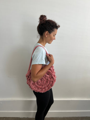 Hand Knit Round Handbag | Raspberry | Velvet