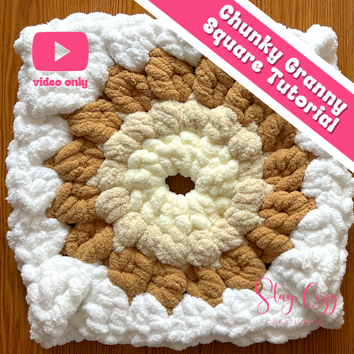 Chunky granny square made with fluffy chenille yarn in neutral colors