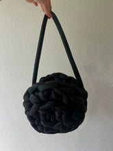 Load image into Gallery viewer, Round Mini Bag, Purse, Hand Crocheted, Matte Black Pleather Tube Yarn