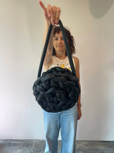 Load image into Gallery viewer, Round Mini Bag, Purse, Hand Crocheted, Matte Black Pleather Tube Yarn